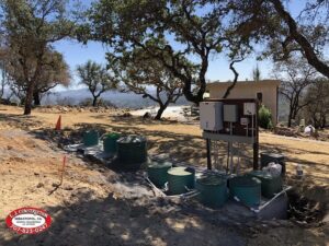 Septic tanks lined up in a row partly underground surrounded by trees.