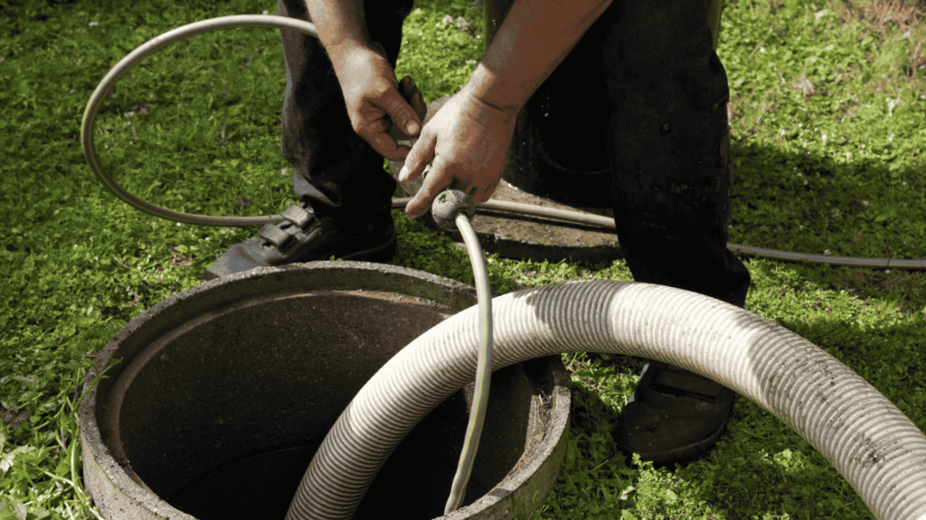 A worker places a pump hose into a septic tank.