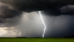 A lightning strikes in a large field from black thunderclouds above.