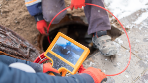 Professional septic system installers prep inspect at a septic tank