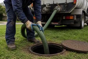 Septic worker in textured navy coveralls and gloves guides a ribbed green hose into an open tank beside a white pumping truck.